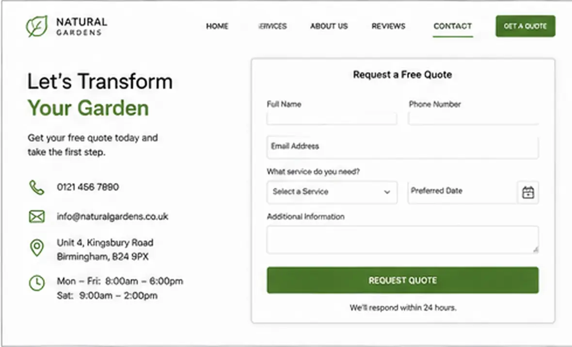 Natural Gardens contact page — Landscaping & Gardening website concept