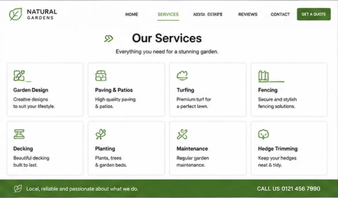 Natural Gardens services page — Landscaping & Gardening website concept