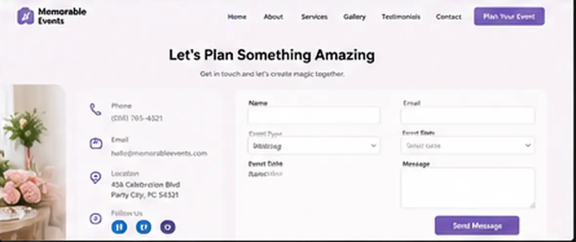 Memorable Events planning contact page — Other Businesses website concept
