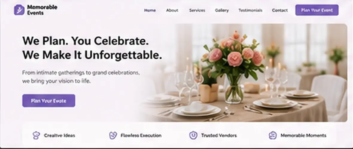 Memorable Events planning home page — Other Businesses website concept