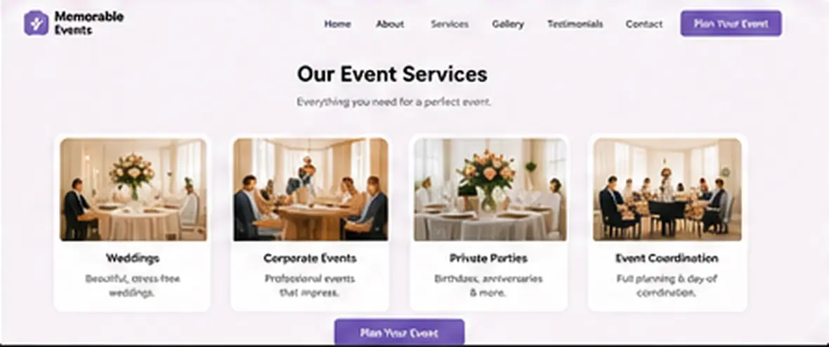 Memorable Events planning services page — Other Businesses website concept