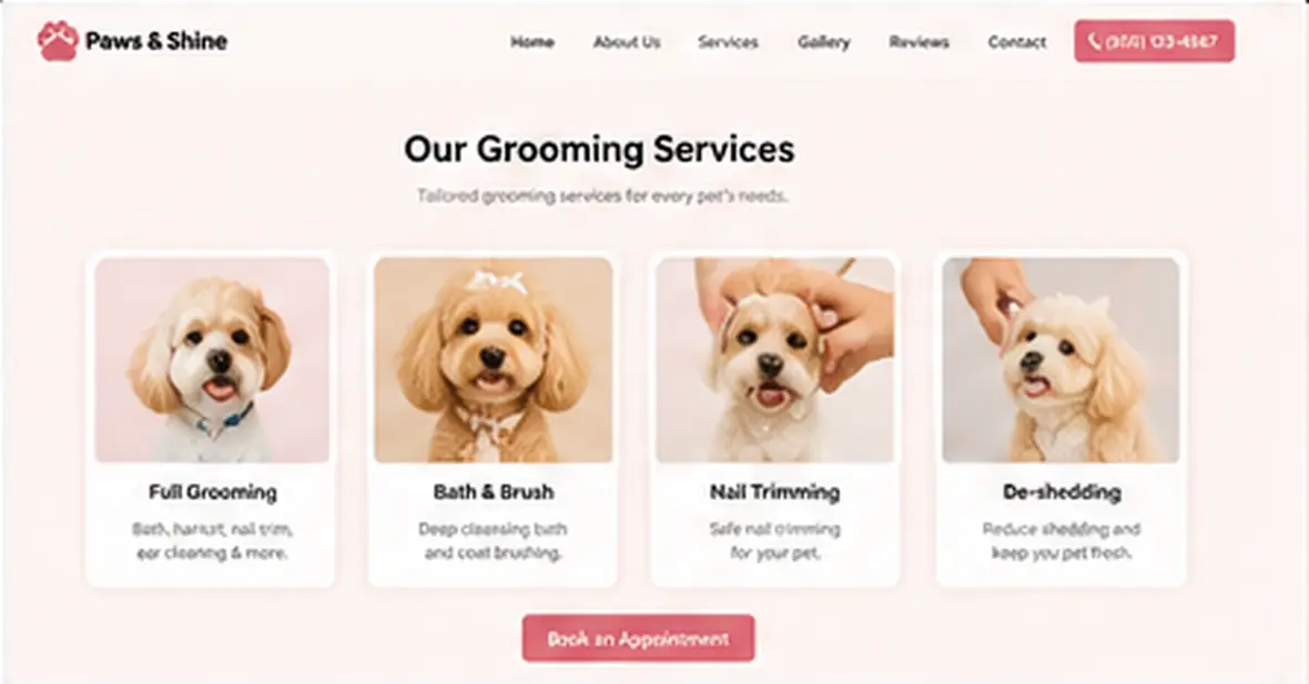 Paws & Shine grooming services page — Other Businesses website concept