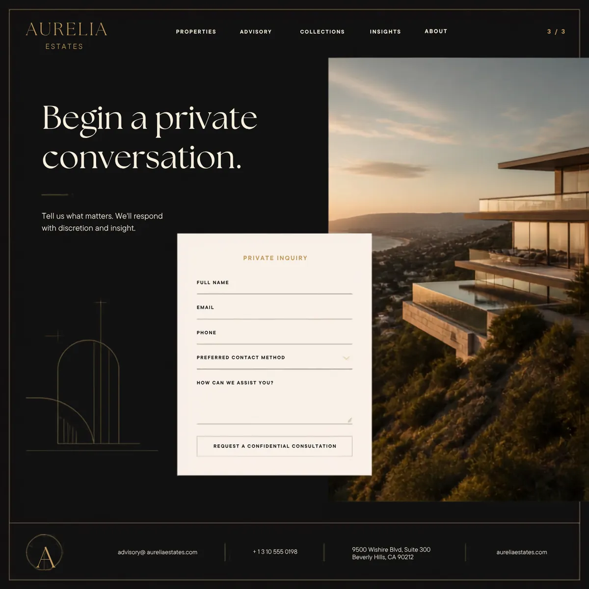 Aurelia Estates private enquiry page — Premium Brands website concept