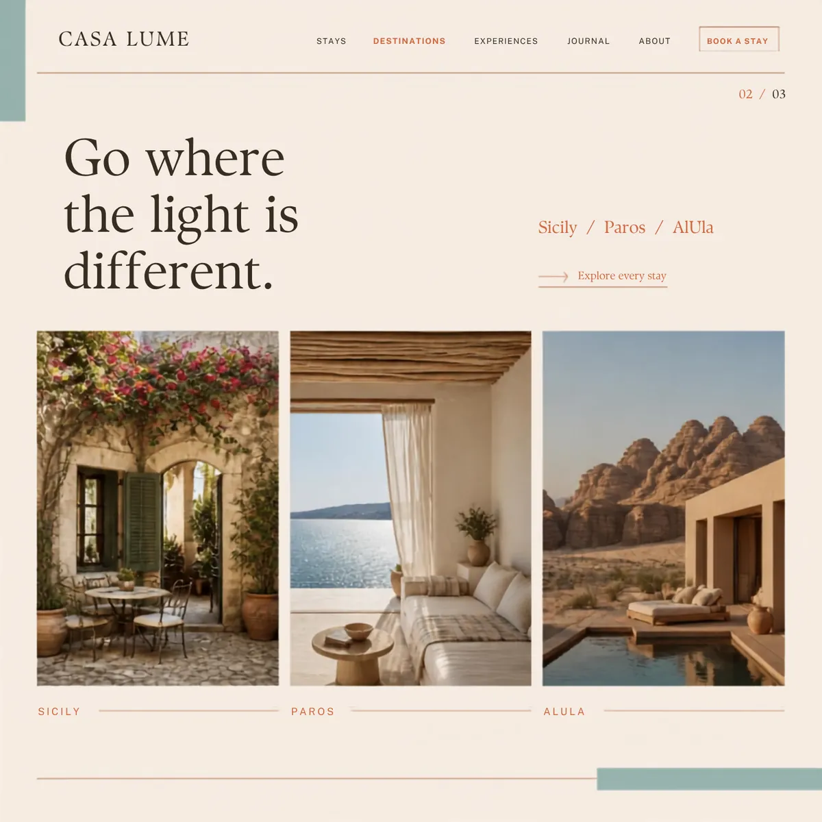 Casa Lume destinations page — Premium Brands website concept
