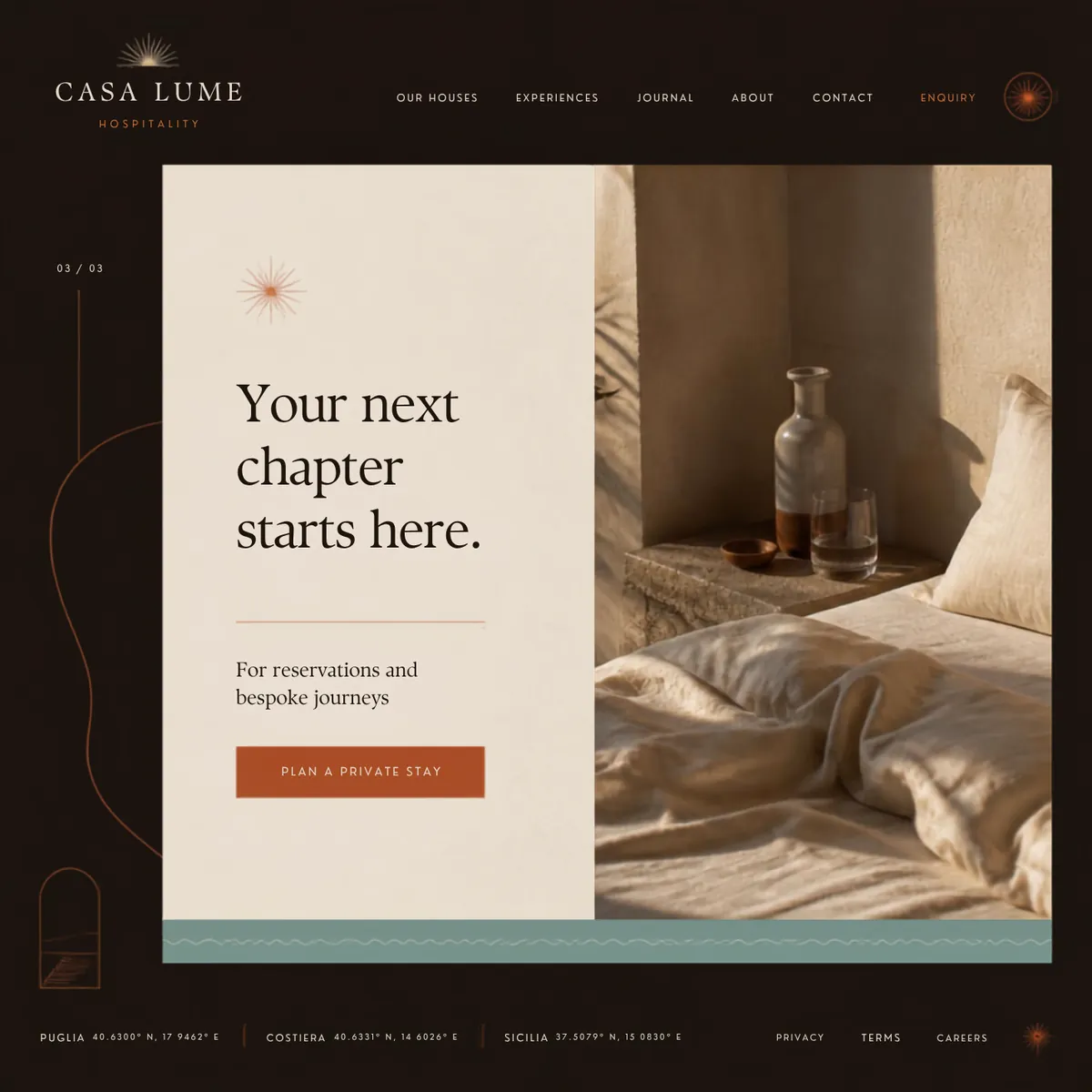 Casa Lume reservations page — Premium Brands website concept