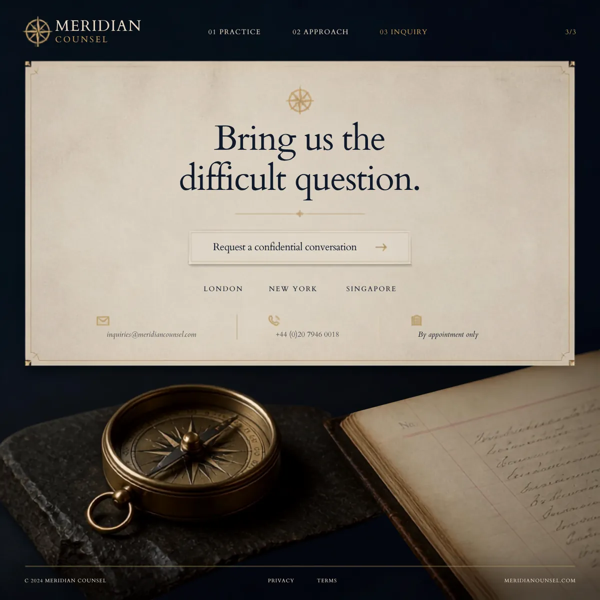 Meridian Counsel enquiry page — Premium Brands website concept