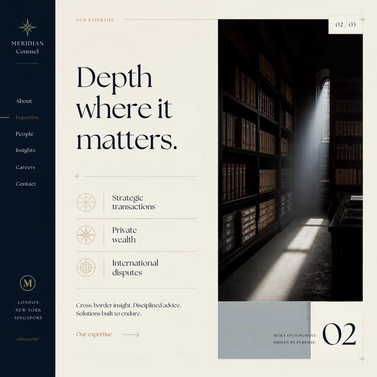 Meridian Counsel expertise page — Premium Brands website concept