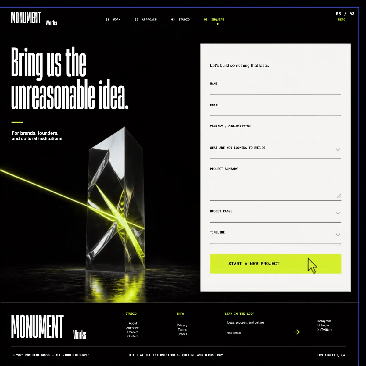 Monument Works start a project page — Premium Brands website concept