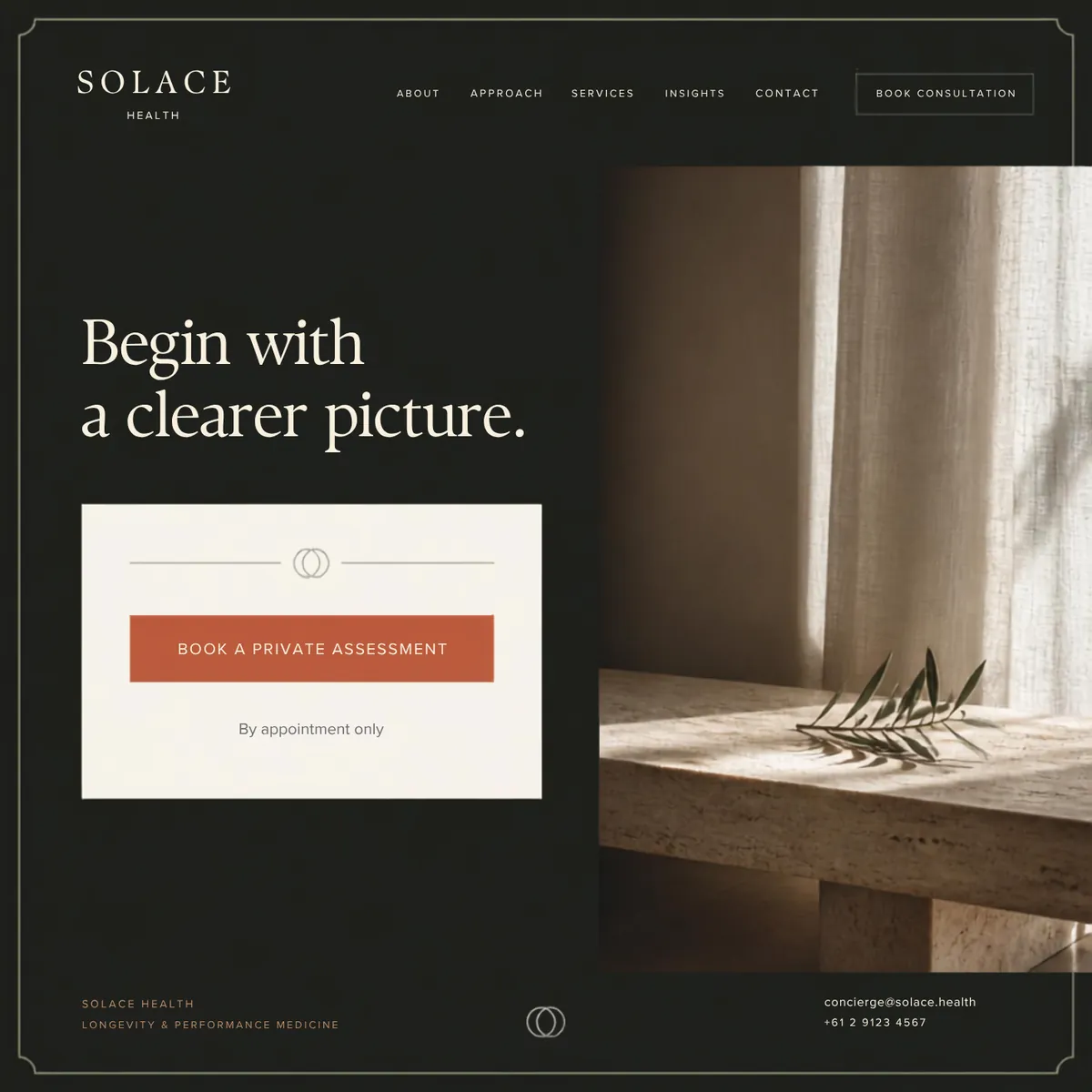Solace Health consultation page — Premium Brands website concept