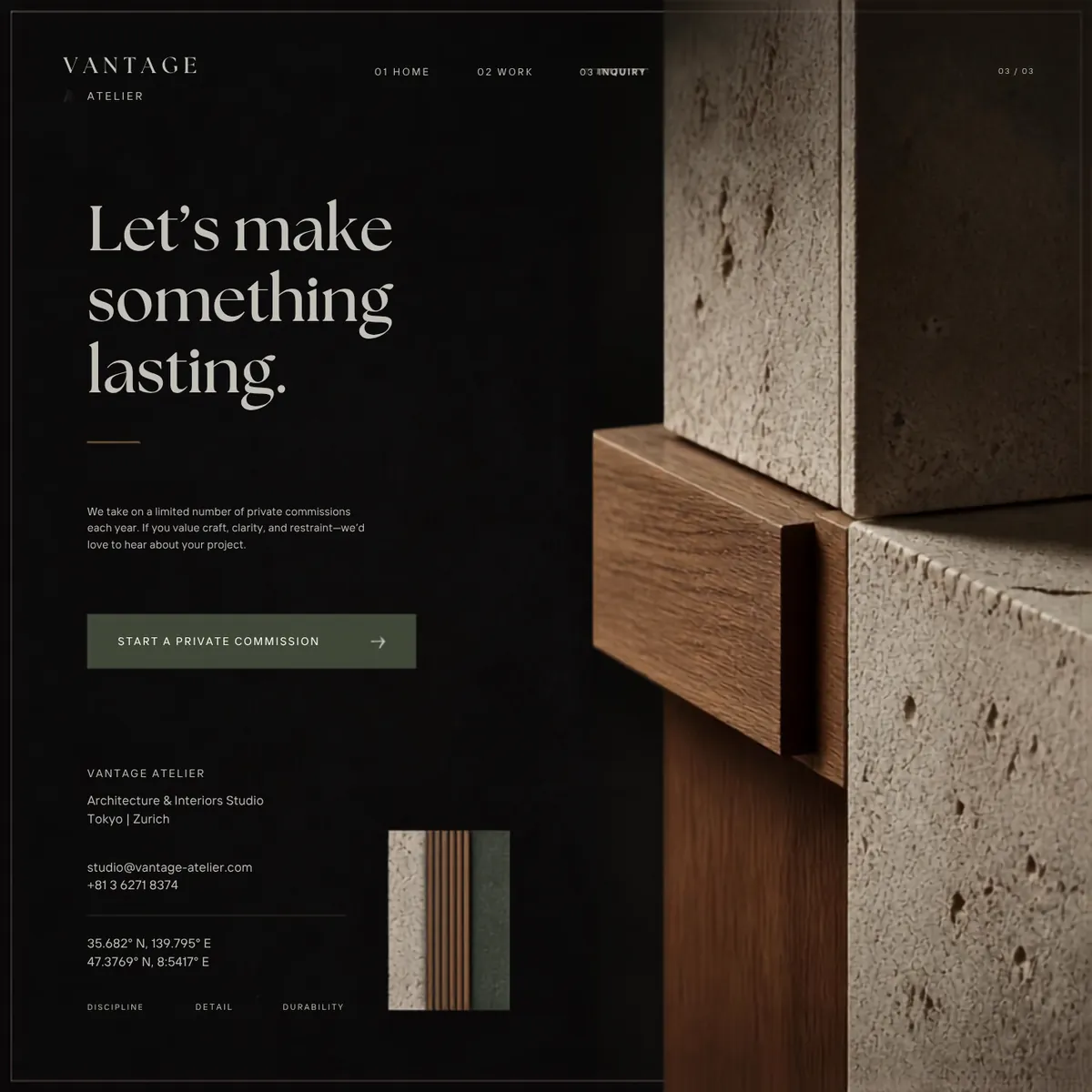 Vantage Atelier commission page — Premium Brands website concept