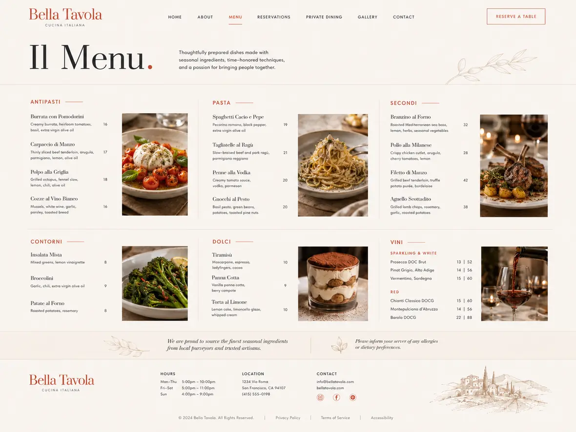 Bella Tavola menu page — Restaurants website concept