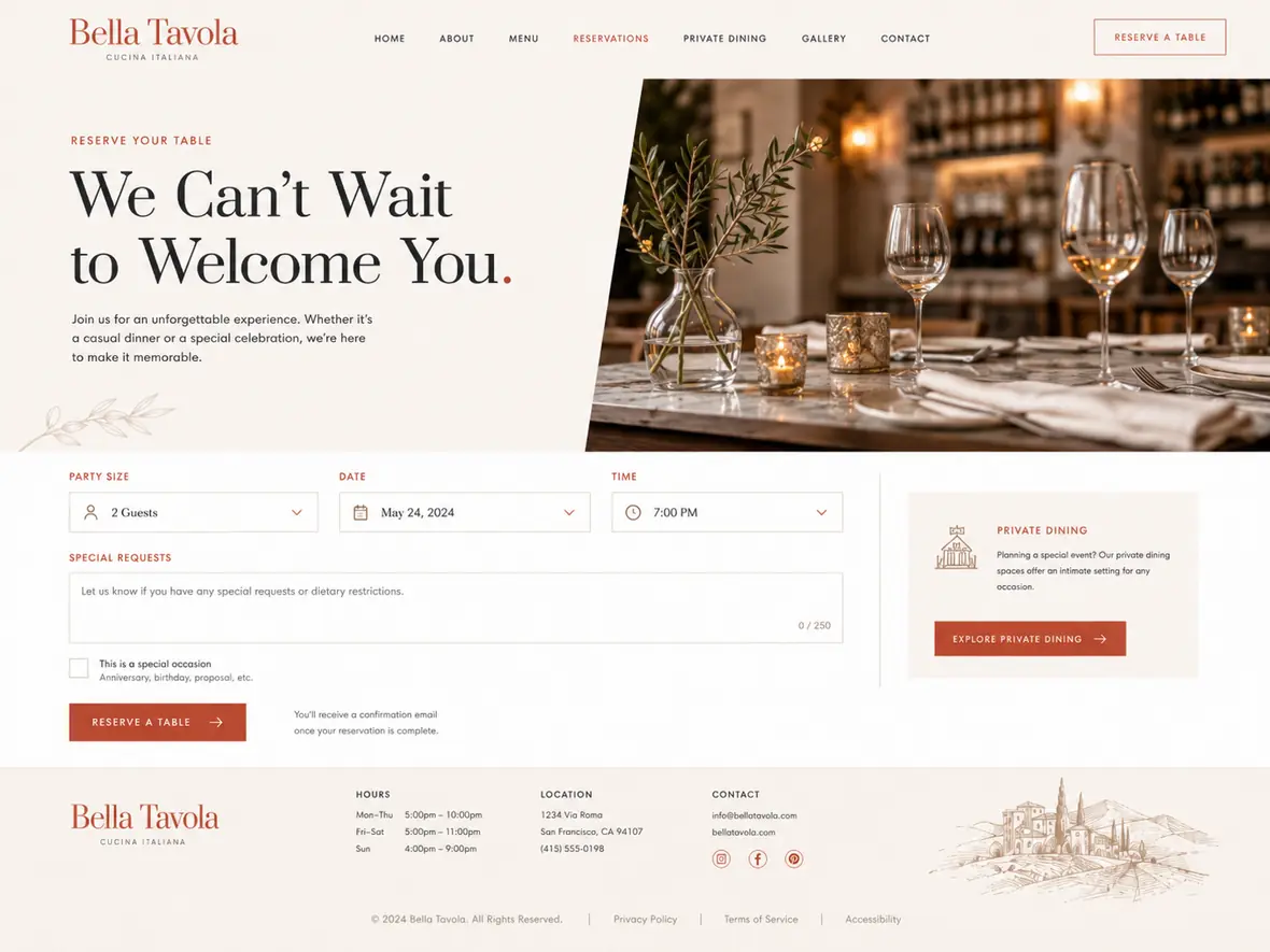 Bella Tavola reservations page — Restaurants website concept