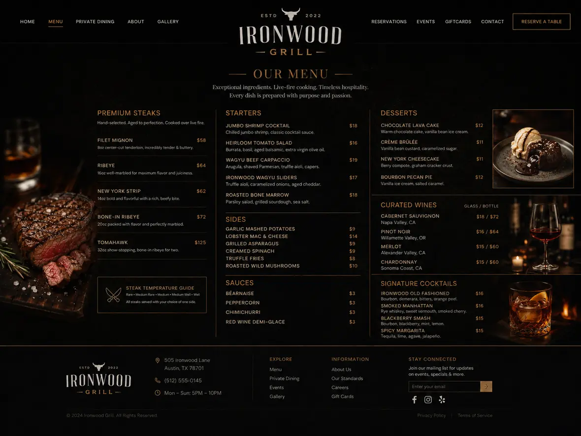 Ironwood Grill menu page — Restaurants website concept