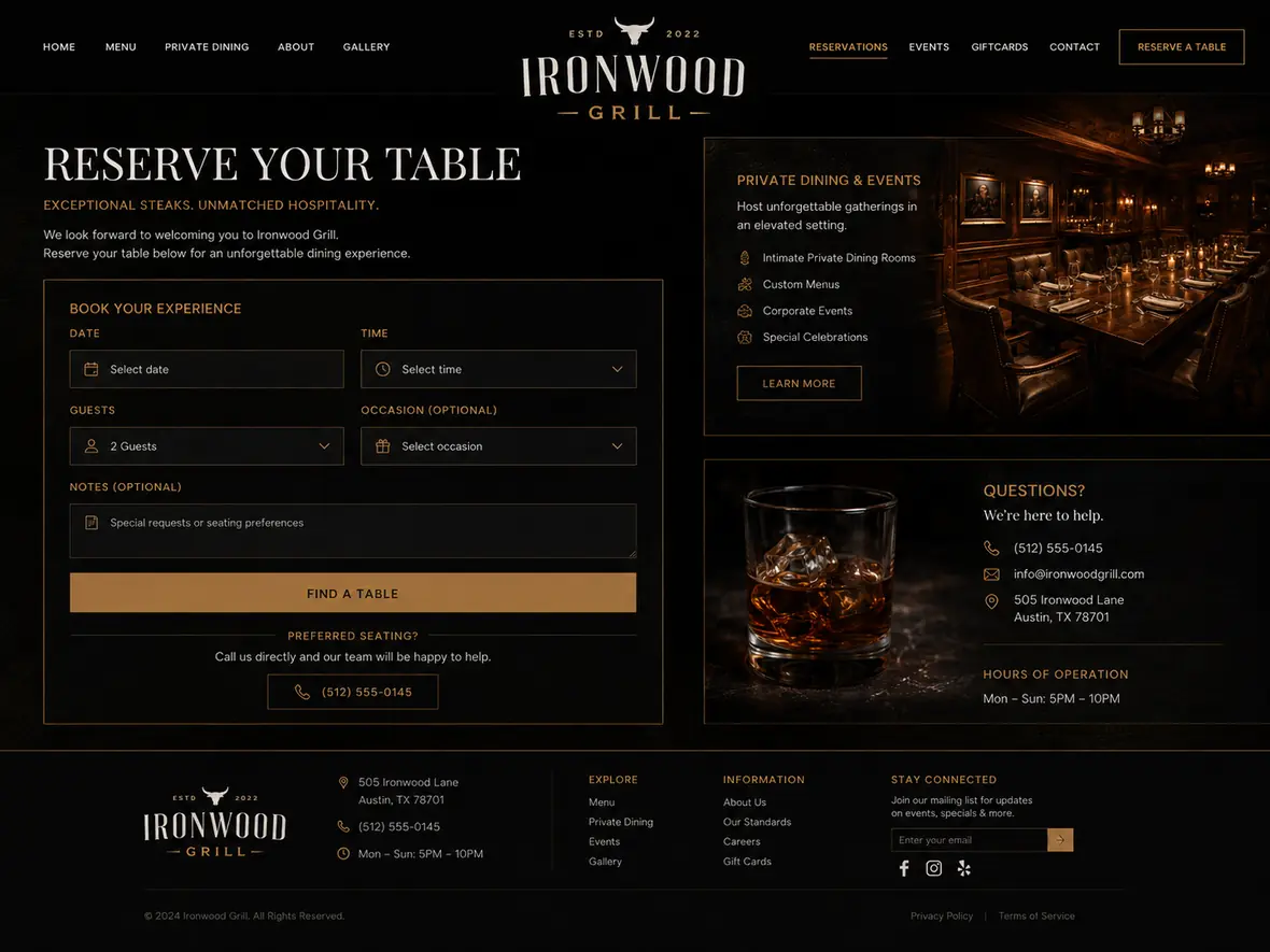 Ironwood Grill reservations page — Restaurants website concept