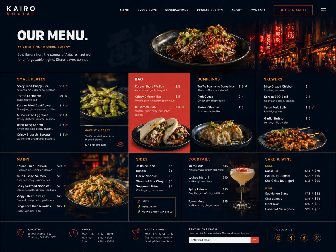 Kairo Social menu page — Restaurants website concept