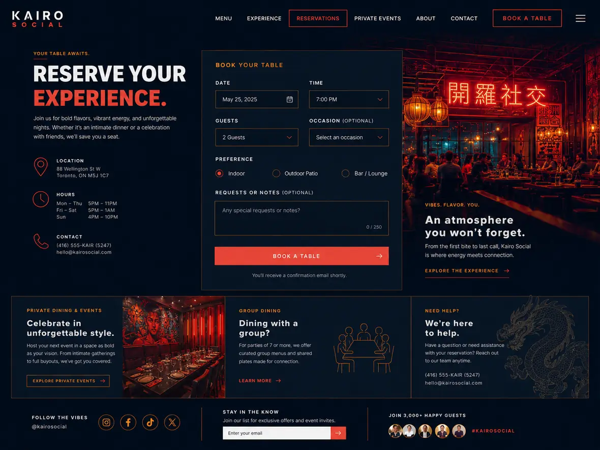 Kairo Social reservations page — Restaurants website concept