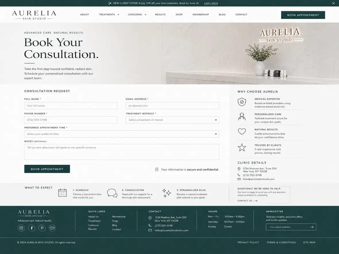 Aurelia Skin Studio consultation page — Hair & Beauty Salons website concept