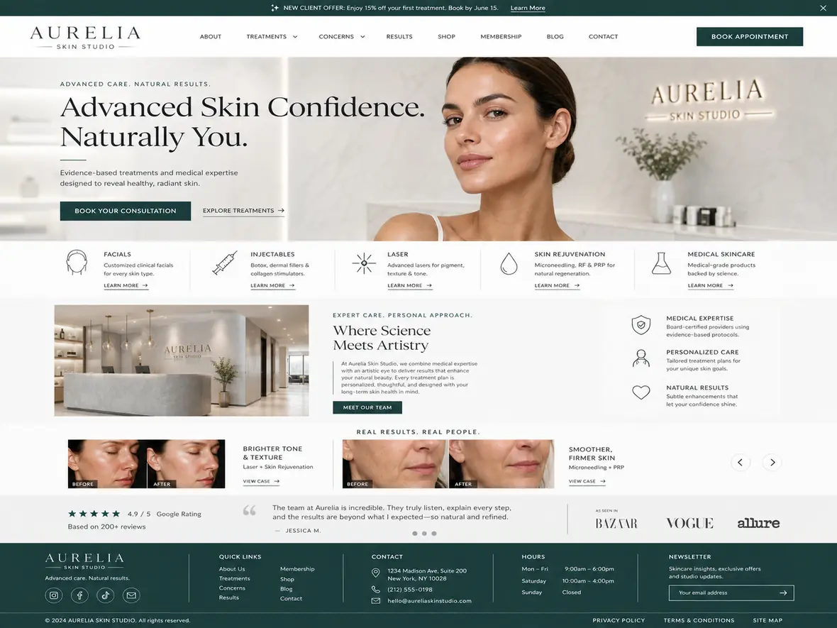 Aurelia Skin Studio home page — Hair & Beauty Salons website concept