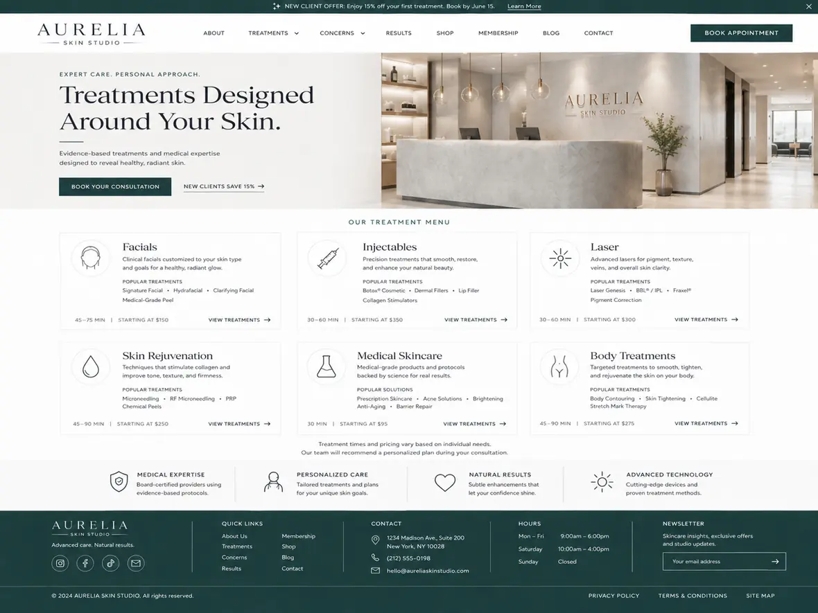 Aurelia Skin Studio treatments page — Hair & Beauty Salons website concept