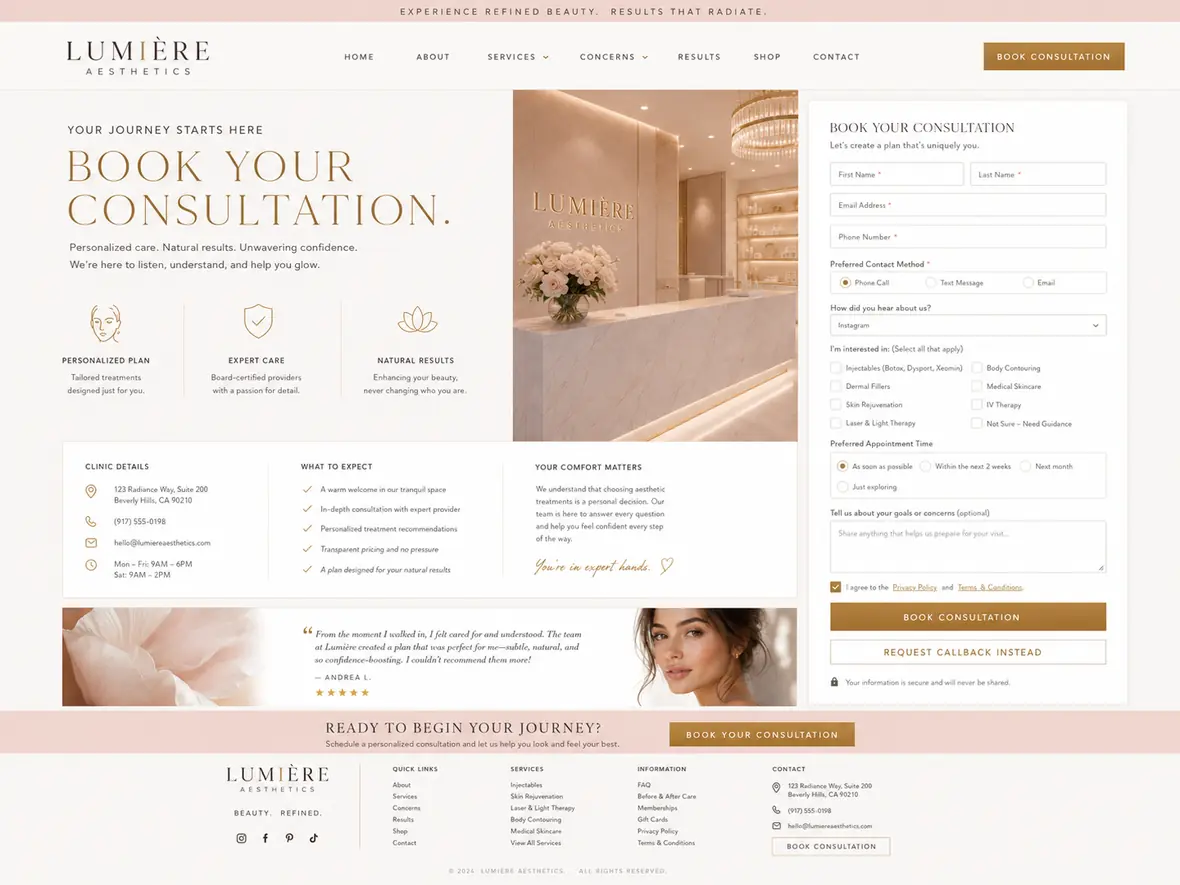 Lumière Aesthetics consultation page — Hair & Beauty Salons website concept