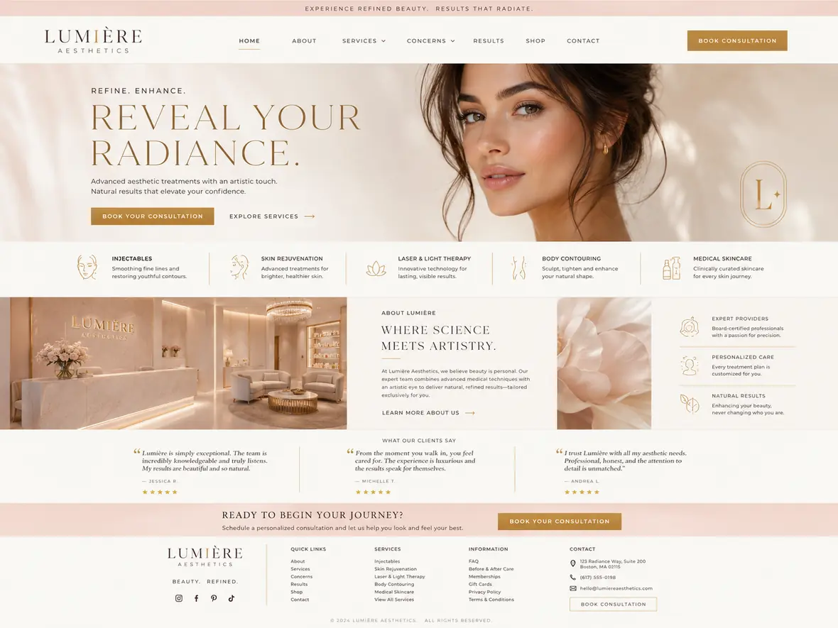 Lumière Aesthetics home page — Hair & Beauty Salons website concept
