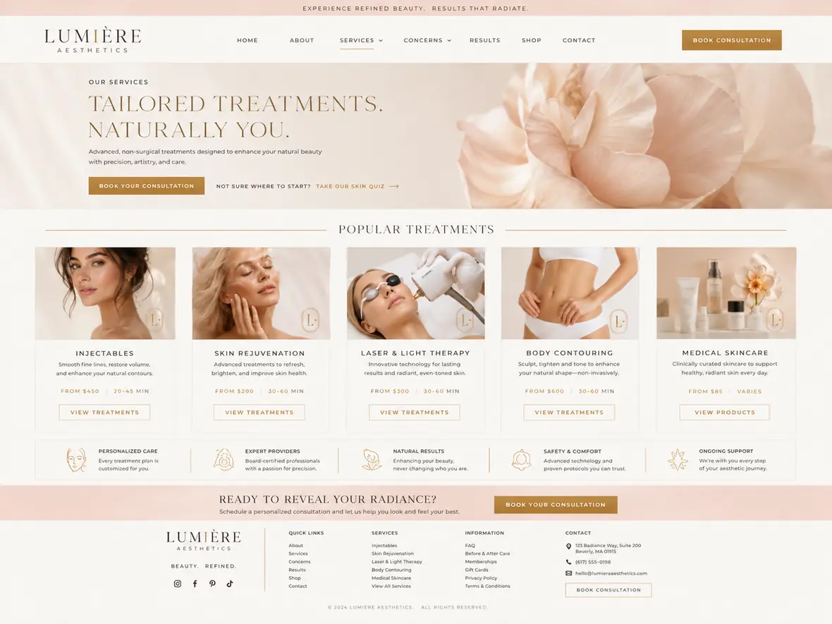 Lumière Aesthetics treatments page — Hair & Beauty Salons website concept