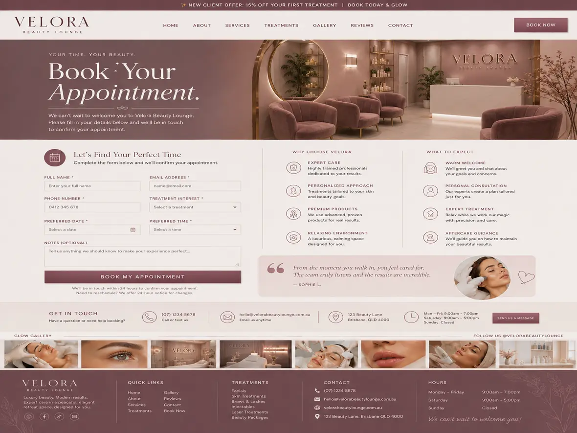 Velora Beauty Lounge booking page — Hair & Beauty Salons website concept