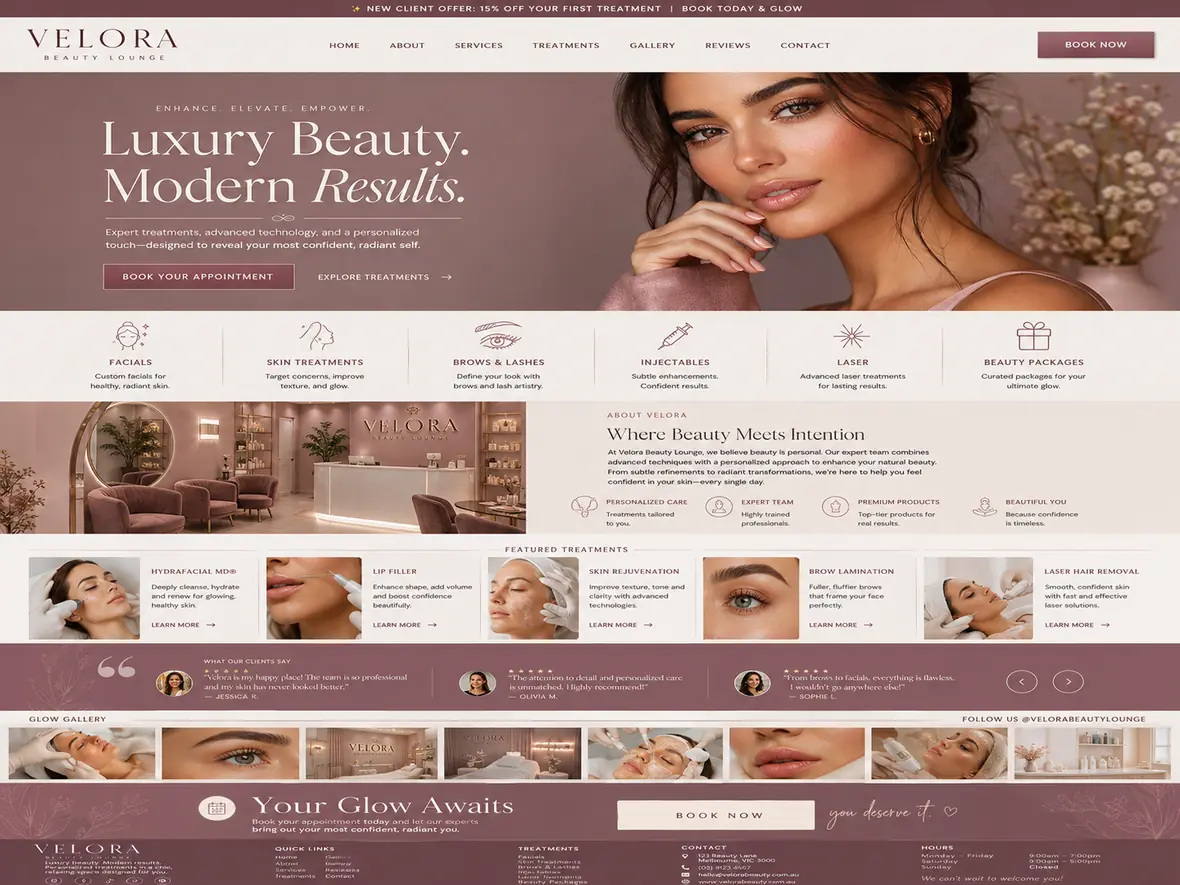 Velora Beauty Lounge home page — Hair & Beauty Salons website concept