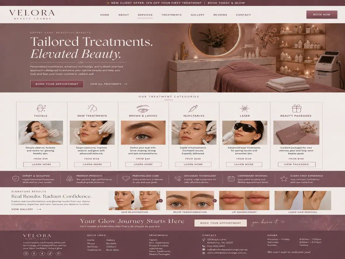 Velora Beauty Lounge treatments page — Hair & Beauty Salons website concept