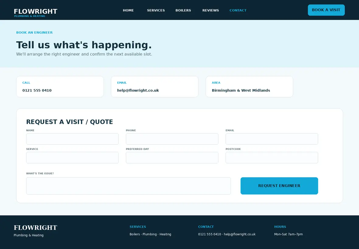Flowright booking & quote page — Trades & Construction website concept