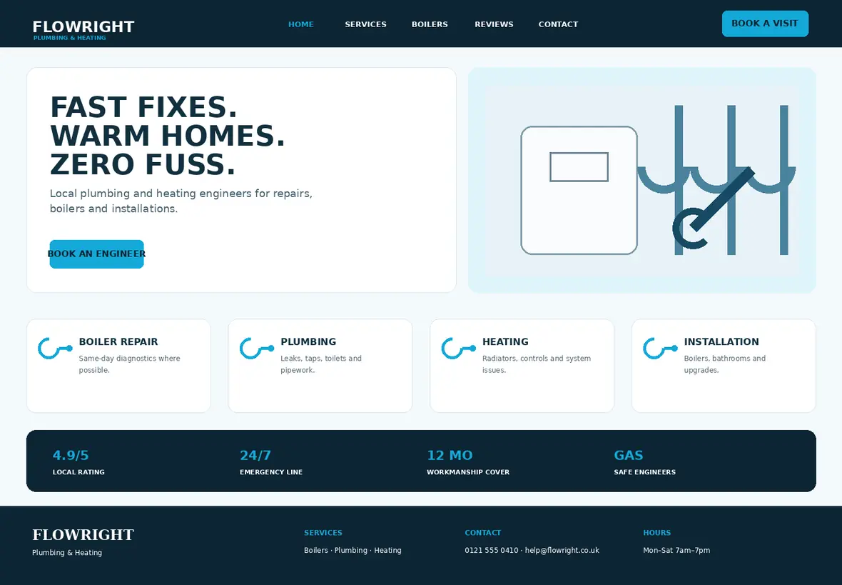 Flowright home page — Trades & Construction website concept