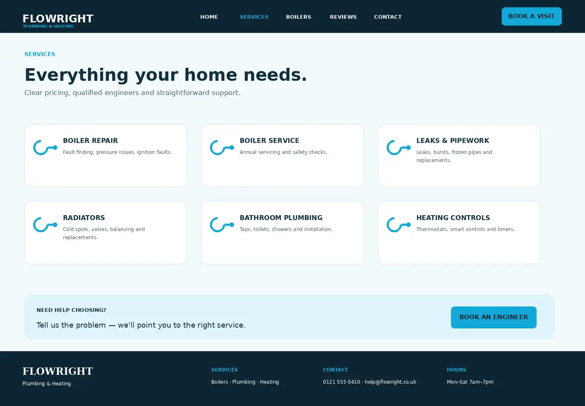Flowright services page — Trades & Construction website concept