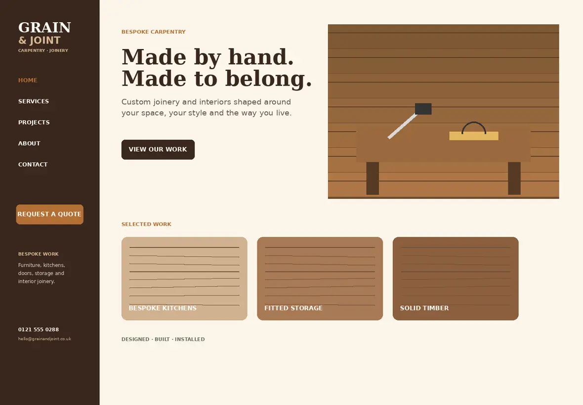 Grain & Joint home page — Trades & Construction website concept