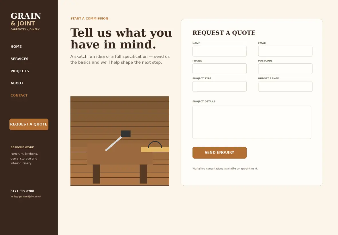 Grain & Joint quote page — Trades & Construction website concept
