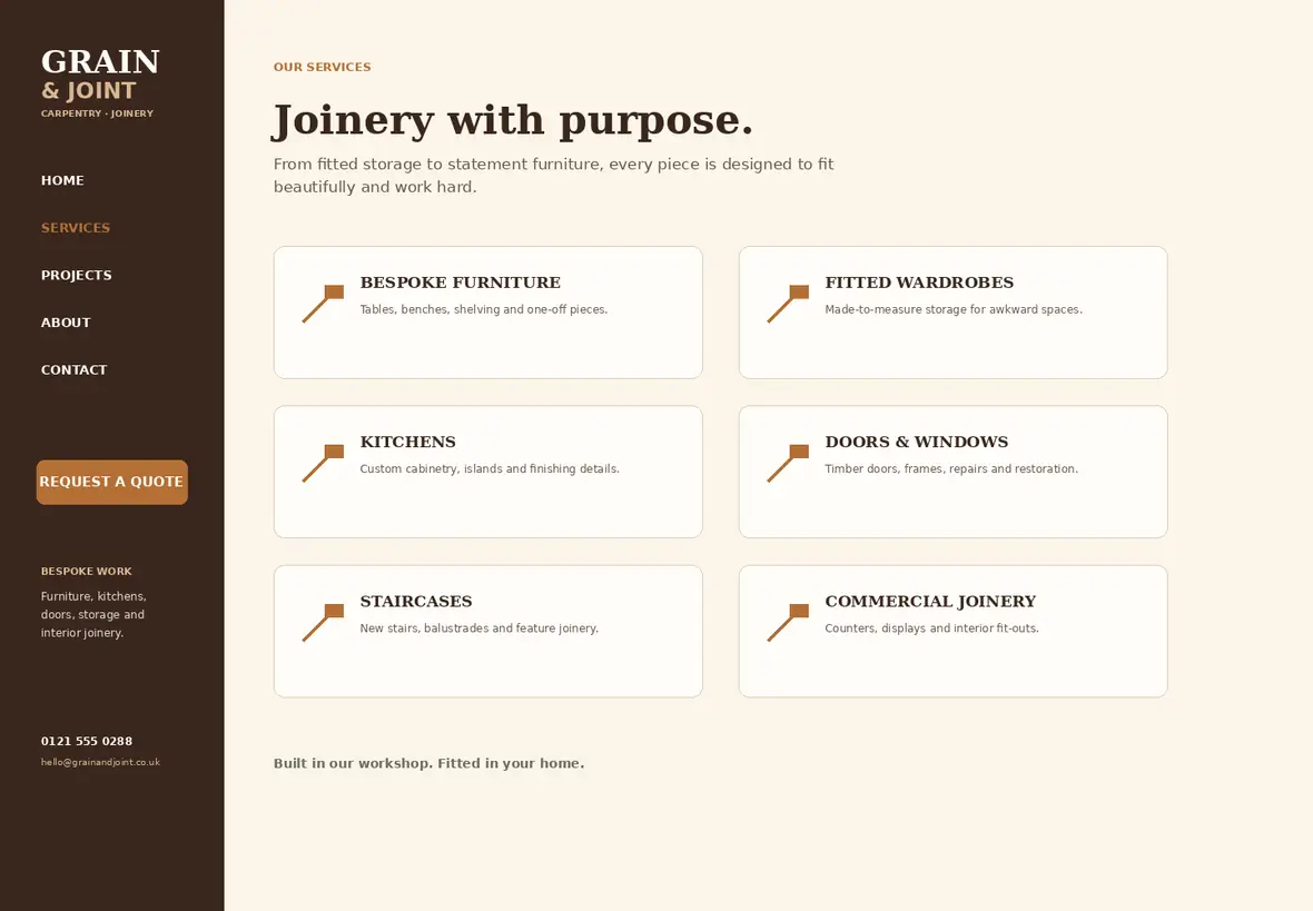 Grain & Joint services page — Trades & Construction website concept