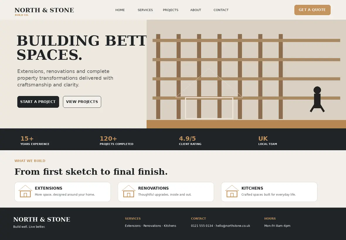 North & Stone home page — Trades & Construction website concept