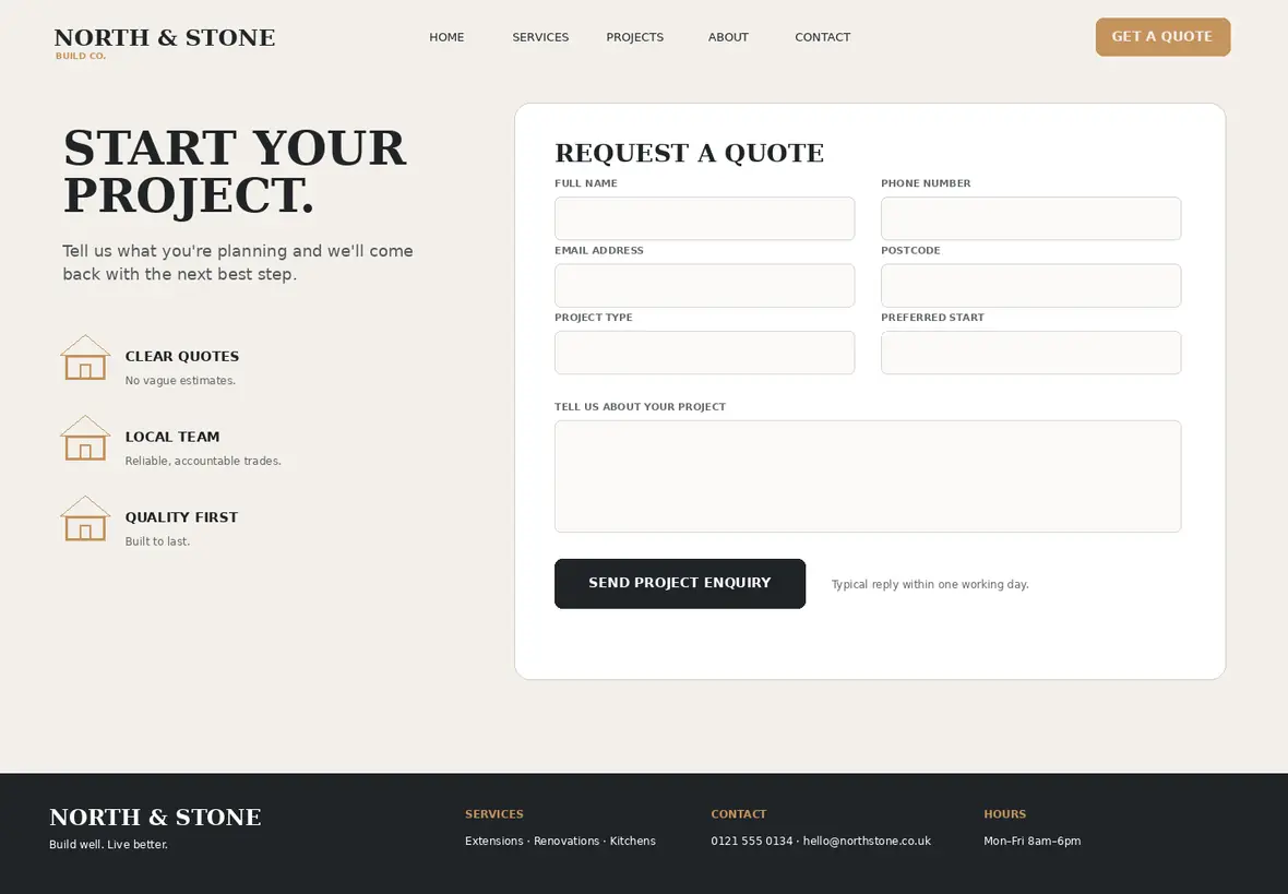 North & Stone quote page — Trades & Construction website concept