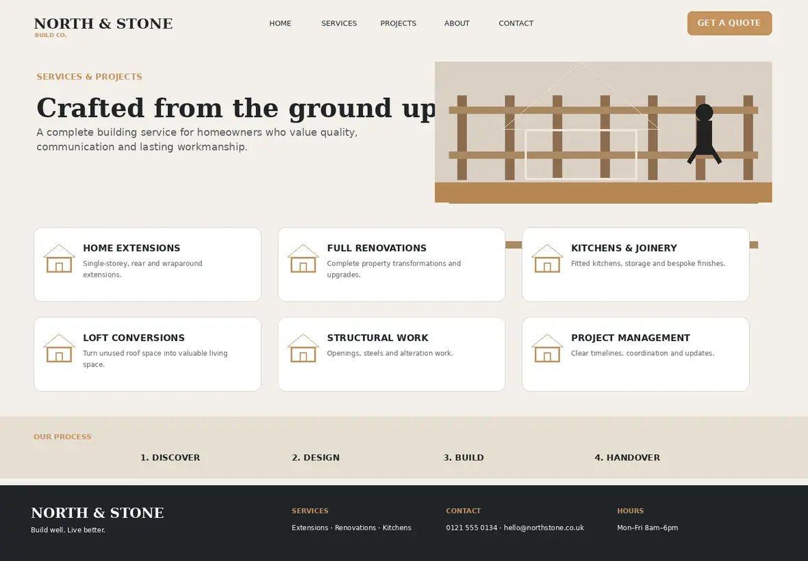 North & Stone services & projects page — Trades & Construction website concept