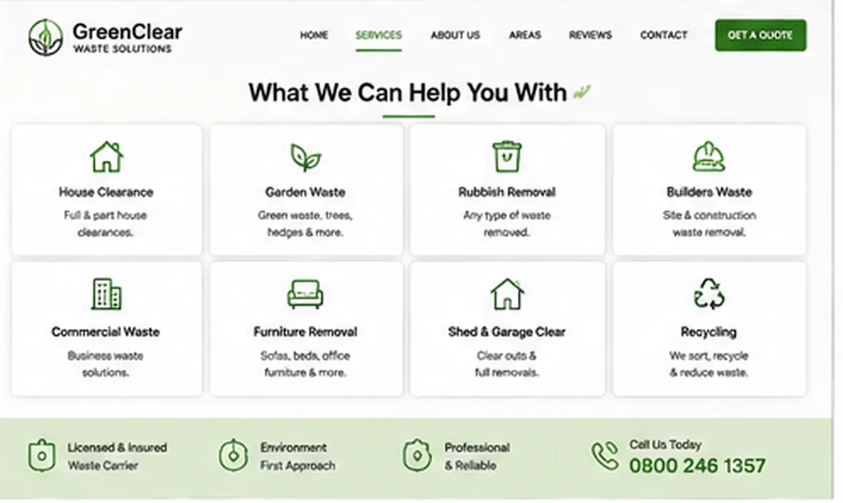 GreenClear Waste Solutions services page — Waste & Clearance website concept