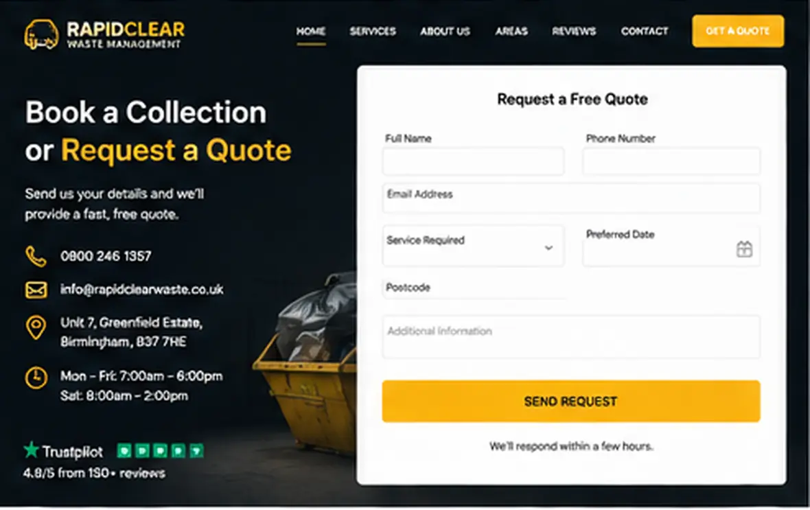 RapidClear Waste Management booking & quote page — Waste & Clearance website concept