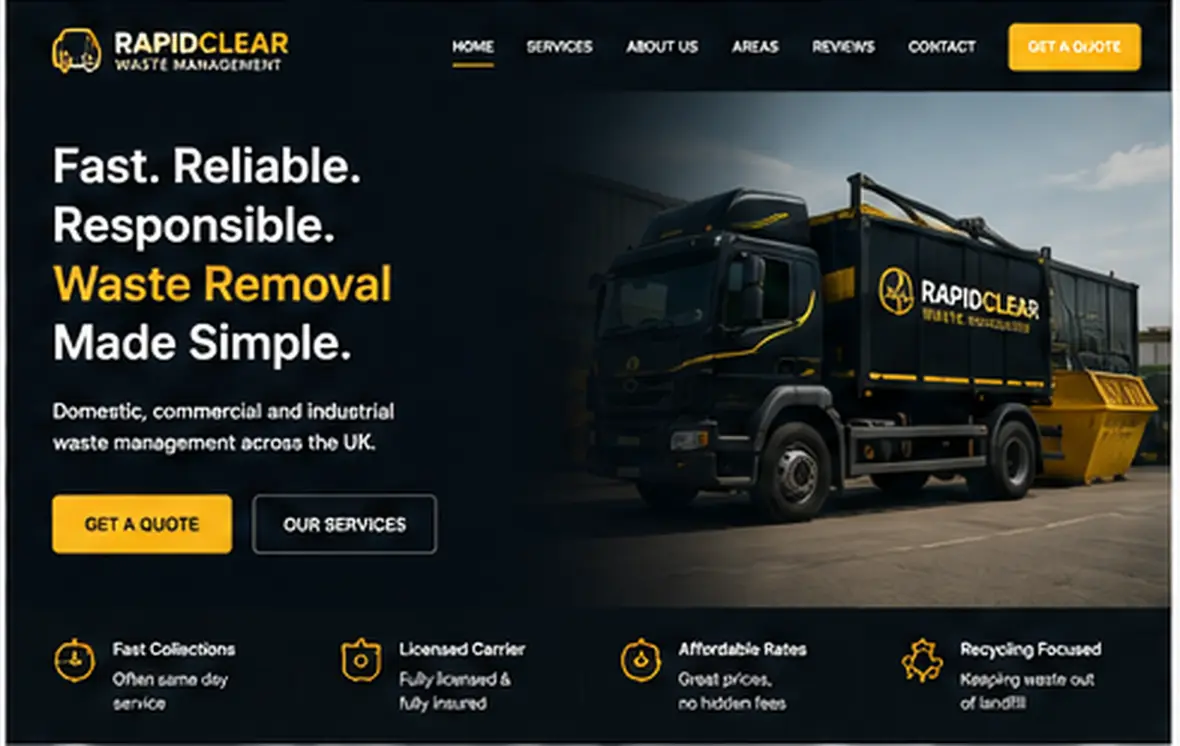 RapidClear Waste Management home page — Waste & Clearance website concept