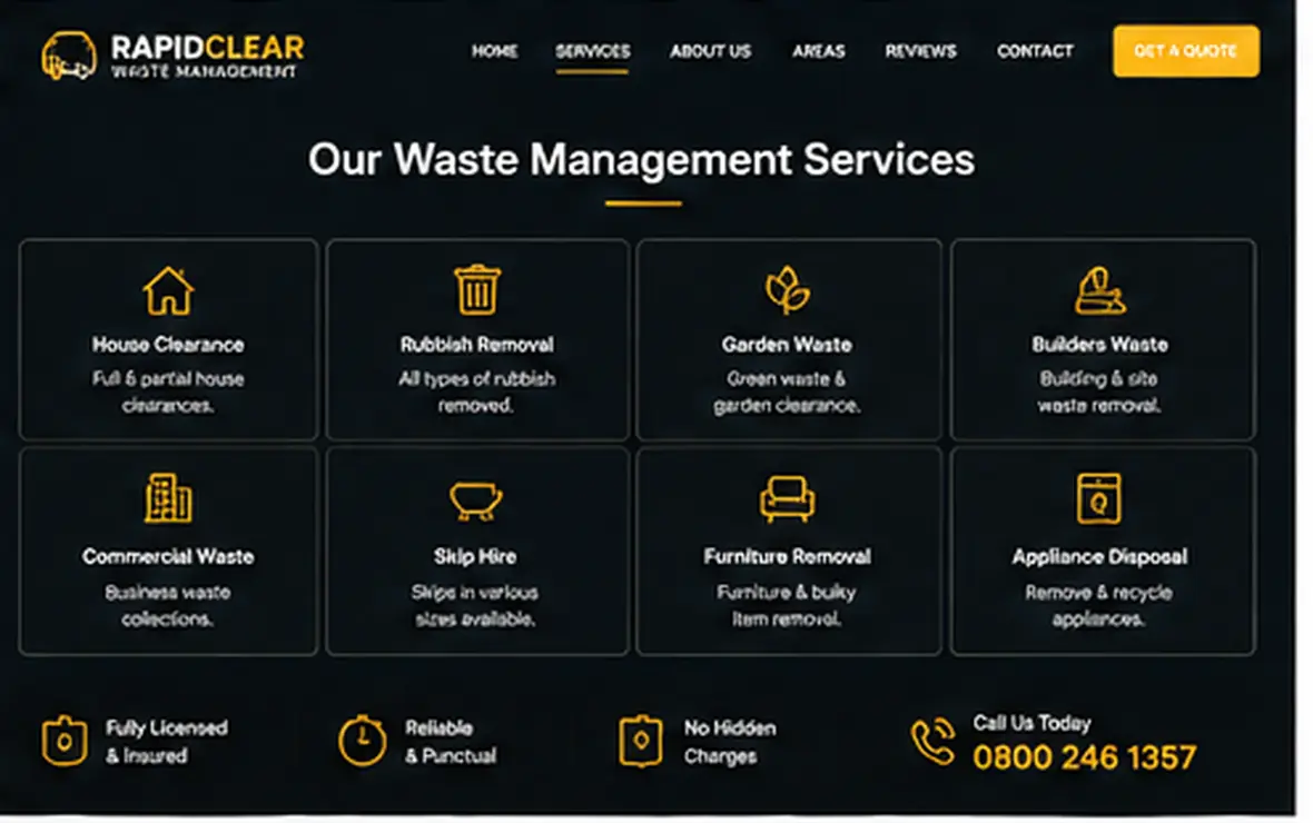 RapidClear Waste Management services page — Waste & Clearance website concept