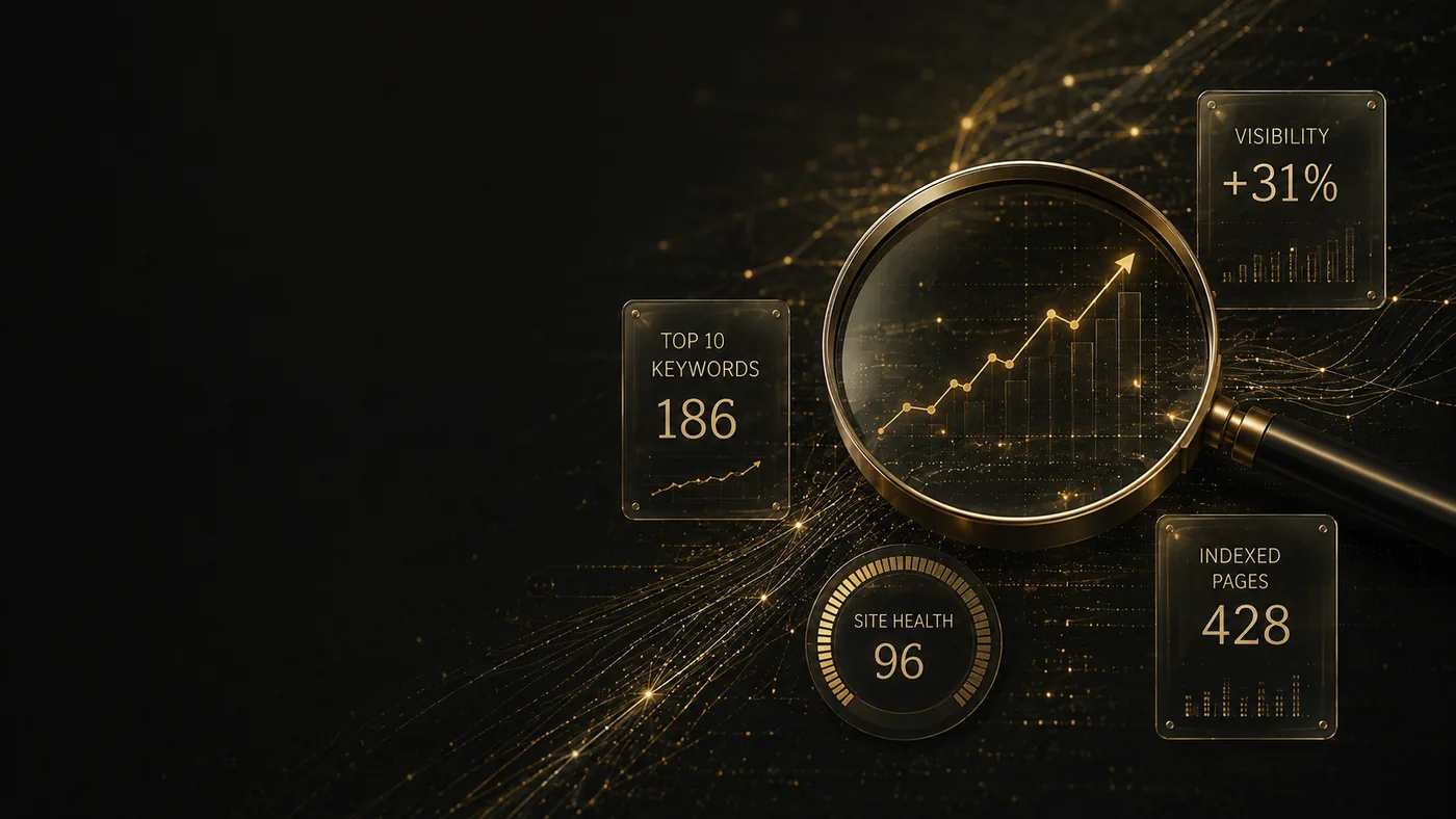 Illustration of a search-performance dashboard — a magnifier over a rising results chart with indicative visibility, keyword, indexing and site-health panels